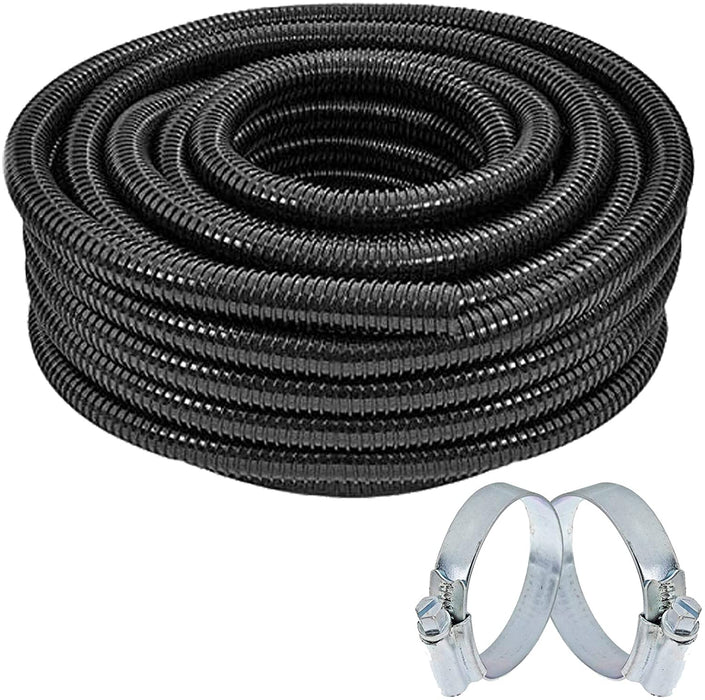 Marine Pond Hose Flexi Pump Corrugated Pipe + 2 Clamp Clips (25mm, 10m) 