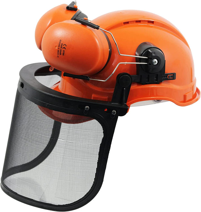 SPARES2GO Chainsaw Safety Helmet with Mesh Visor, Ear Muffs & Gloves