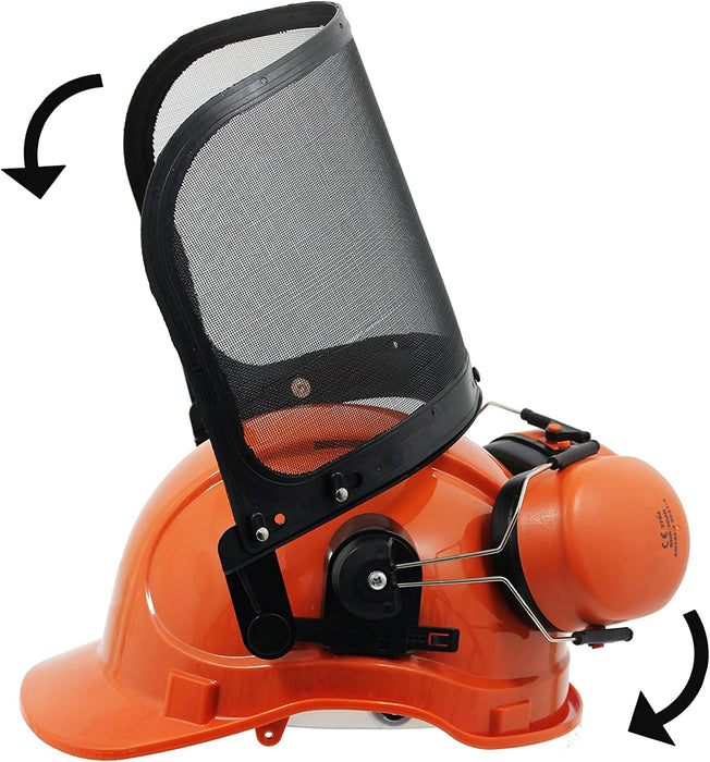SPARES2GO Chainsaw Safety Helmet with Mesh Visor, Ear Muffs & Gloves