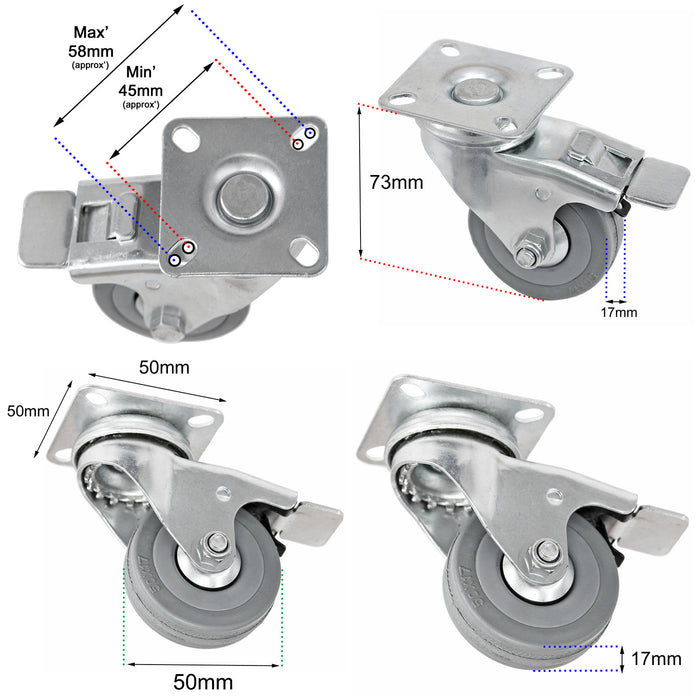 50mm Castor Wheels Trolley Furniture Swivel Caster Small Heavy Duty Braked x 4