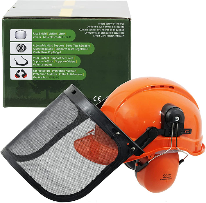 SPARES2GO Chainsaw Safety Helmet with Mesh Visor, Ear Muffs & Gloves