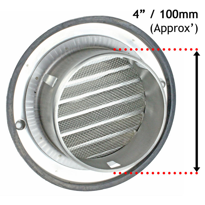Stainless Steel Round Bull Nosed External Extractor Wall Vent Outlet with Insect Mesh Grille (4" / 100mm)