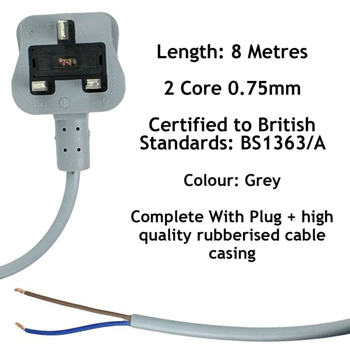 Mains Cable for MIELE Vacuum Cleaner Hoover Lead Grey 8M Replacement