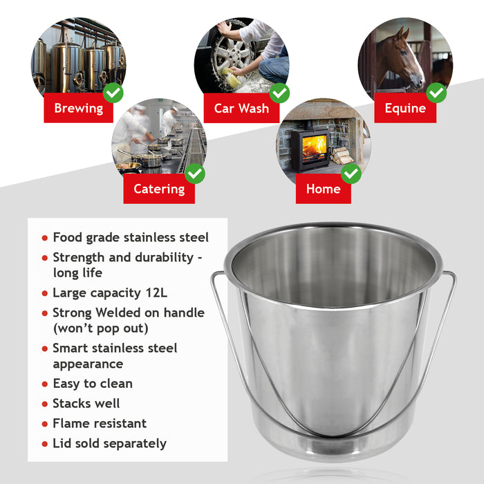 12 Litre Stainless Steel Handled Pail Bucket (Silver, Set of 2 Buckets)