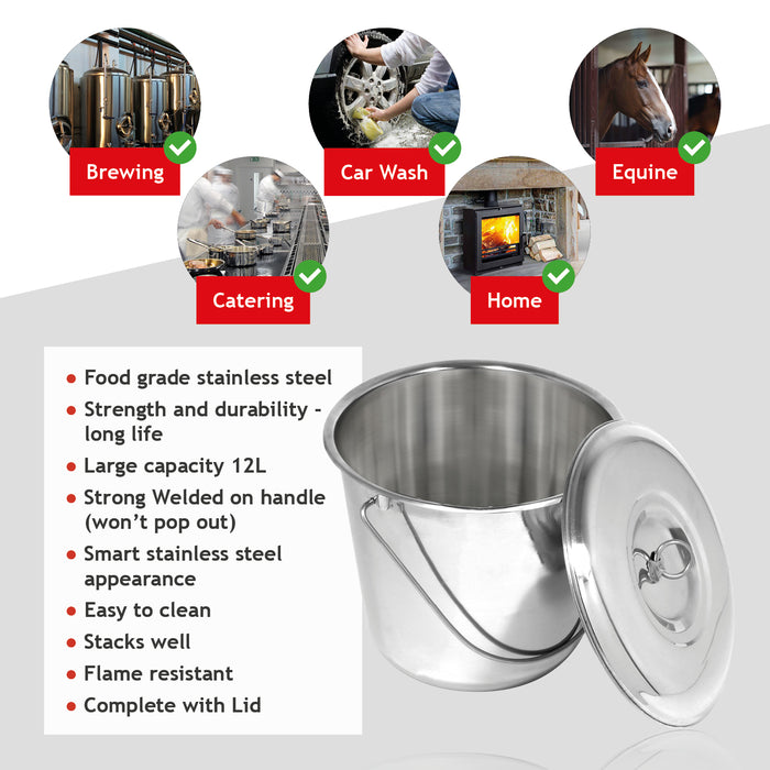 12L Metal Bucket with Lid Stainless Steel 12 Litre Large Heavy Duty Pail Handle x 2