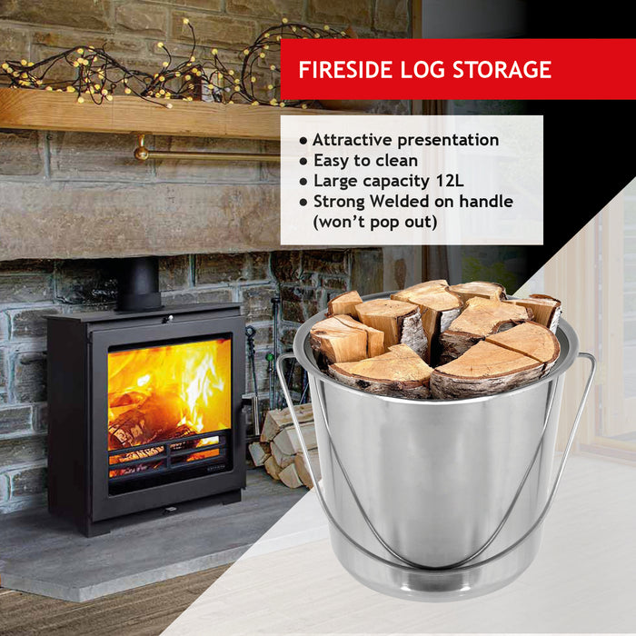 12 Litre Stainless Steel Handled Pail Bucket (Silver, Set of 2 Buckets)