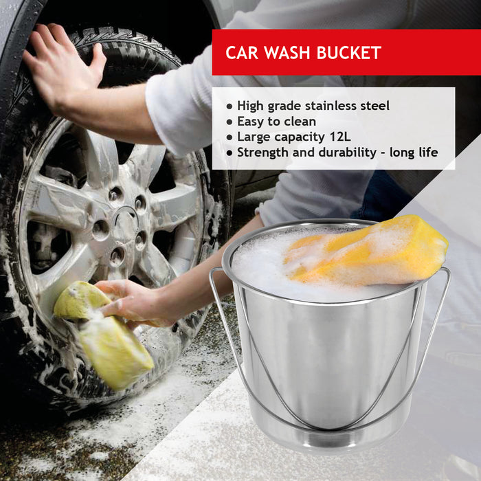 12L Metal Bucket with Lid Stainless Steel 12 Litre Large Heavy Duty Pail Handle x 2