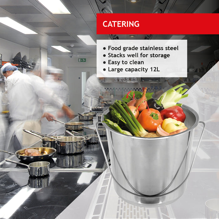 12 Litre Stainless Steel Pail Bucket with Handle for Catering (Silver, Pack of 2 Buckets)