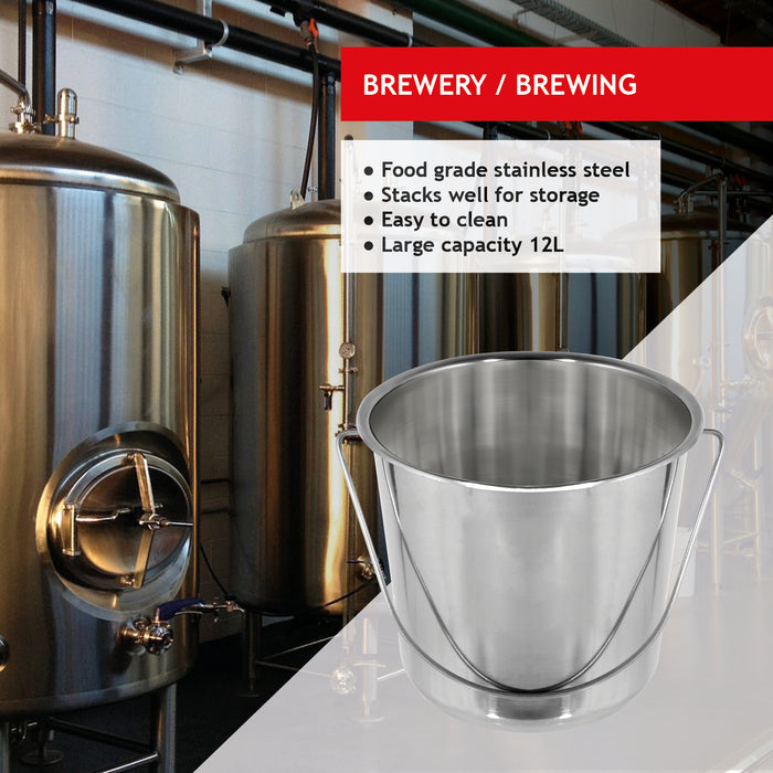 12 Litre Stainless Steel Handled Pail Bucket (Silver)