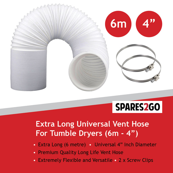 Extra Long Vent Hose & Screw Clips Kit for Zanussi Tumble Dryer (6 Metre, 100mm Diameter)
