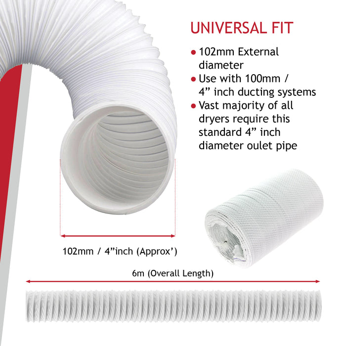 Extra Long Vent Hose & Screw Clips Kit for Logik Tumble Dryer (6 Metre, 100mm Diameter)