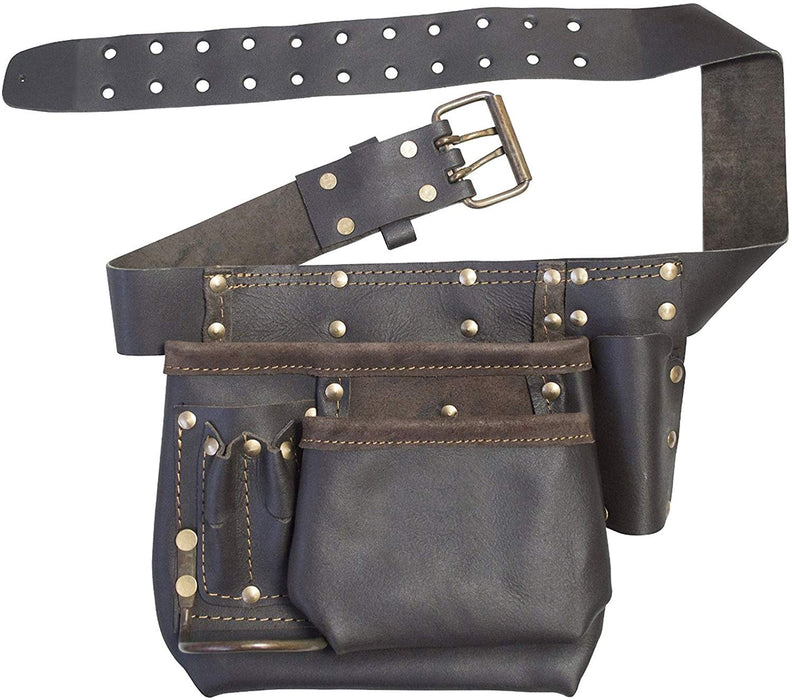 Oil Tanned Leather Reinforced Multi Pocket Tool Belt DIY Carpenter Builder Construction Nail Pouch