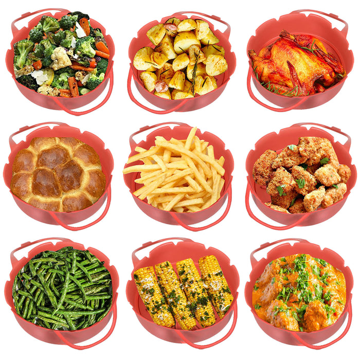 Air Fryer Basket Liner Silicone Pot Mat Non-Stick Multi Cooker Frying Round Tray With Handle Red