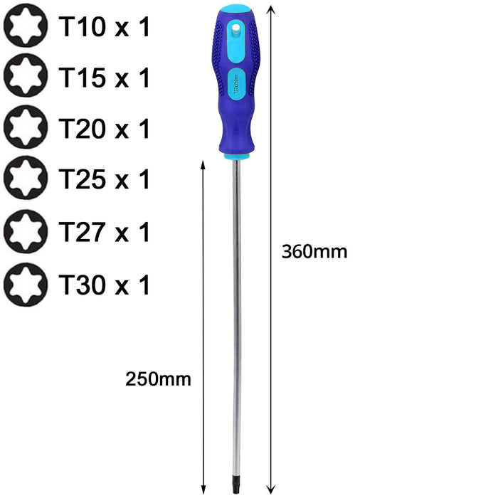 Star Screwdriver Set Extra Long Reach  Magnetic Torx Phillips Flat Headed T10 T15 T20 T25 T27 T30 PZ1 PZ2 9Pc 360mm