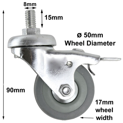 Universal 50mm M10 Threaded Castor Wheels Swivel Braked Non-Marking Caster (Pack of 4)