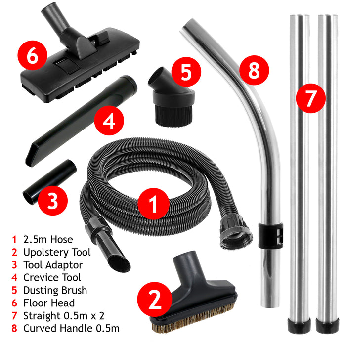 Contents of SPARES2GO Henry Hetty hose kit – 2m hose, extension tubes, floor head, crevice tool, dusting brush, upholstery tool - Parts List