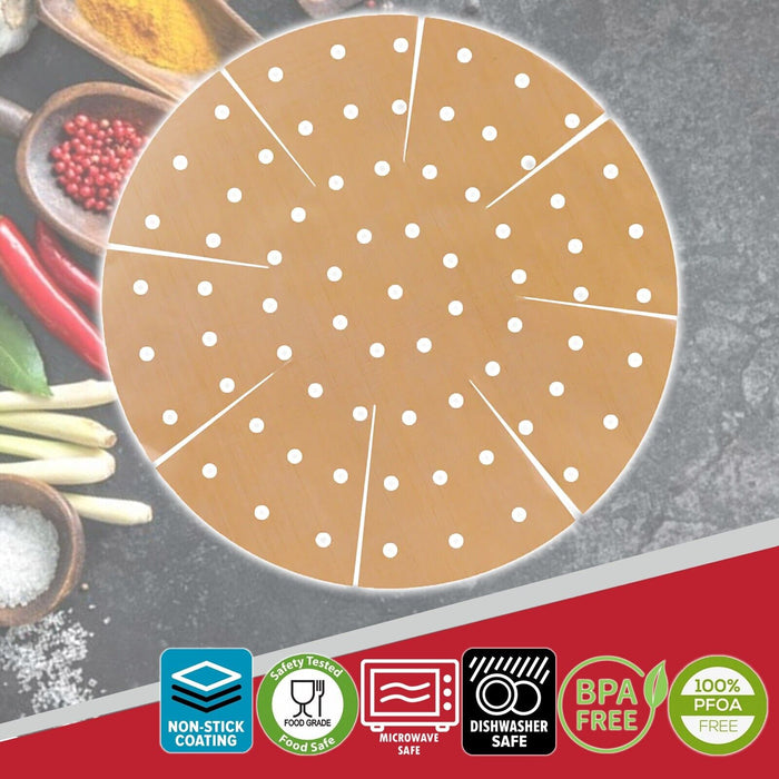 Universal Air Fryer / Multi Cooker Drawer Liners Non-Stick Round Perforated Mats (Brown, Pack of 4)