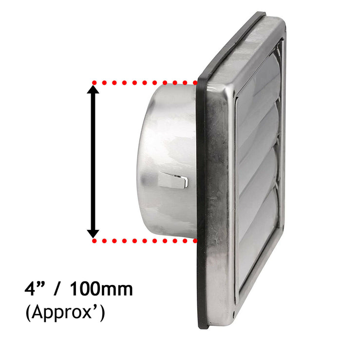 Stainless Steel Square External Extractor Wall Vent Outlet with Gravity Flaps (4" / 100mm)