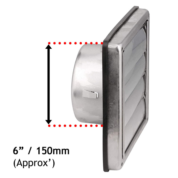 Stainless Steel Square External Extractor Wall Vent Outlet with Gravity Flaps (6" / 150mm)